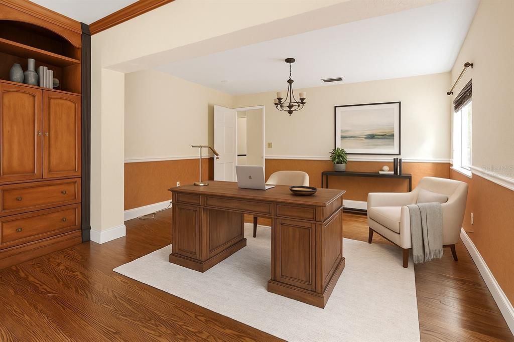 Chandelier, Home Office, Interior, Wood Texture Flooring