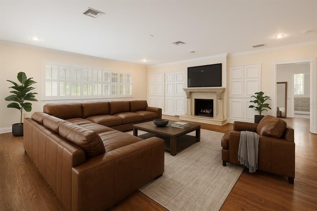 Fireplace, Interior, Living room, Recessed Lighting, Wood Texture Flooring