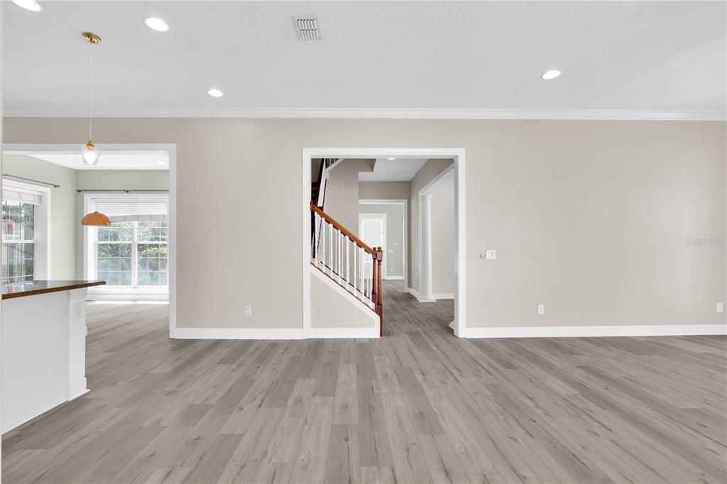 Empty room, Interior, Pendant Lights, Recessed Lighting, Wood Texture Flooring