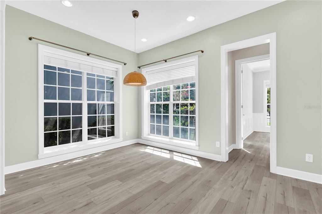 Empty room, Interior, Pendant Lights, Recessed Lighting, Wood Texture Flooring