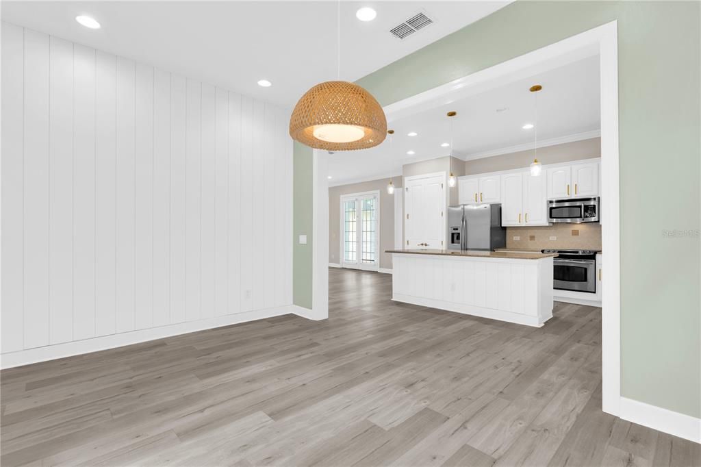 Interior, Kitchen, Pendant Lights, Recessed Lighting, Stainless Steel Appliances, Wood Texture Flooring