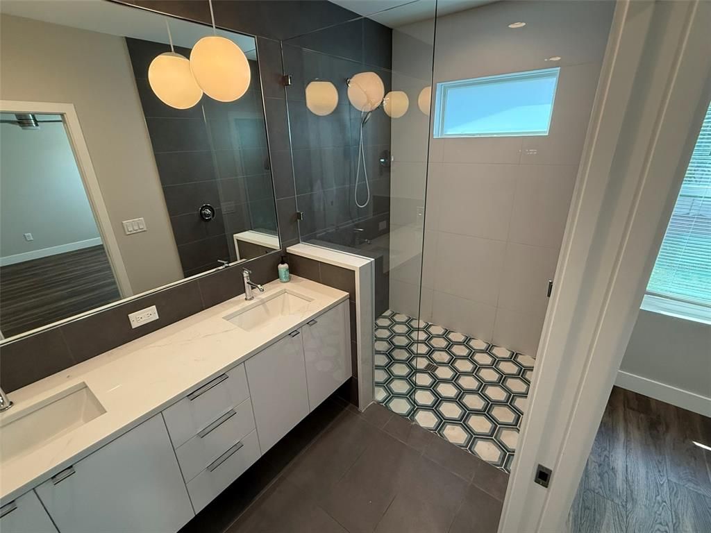 Bathroom, Dual Sink Vanities, Interior, Recessed Lighting, Wood Texture Flooring