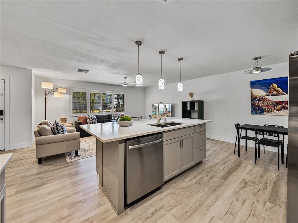 Dining room, Interior, Kitchen, Living room, Pendant Lights, Wood Texture Flooring