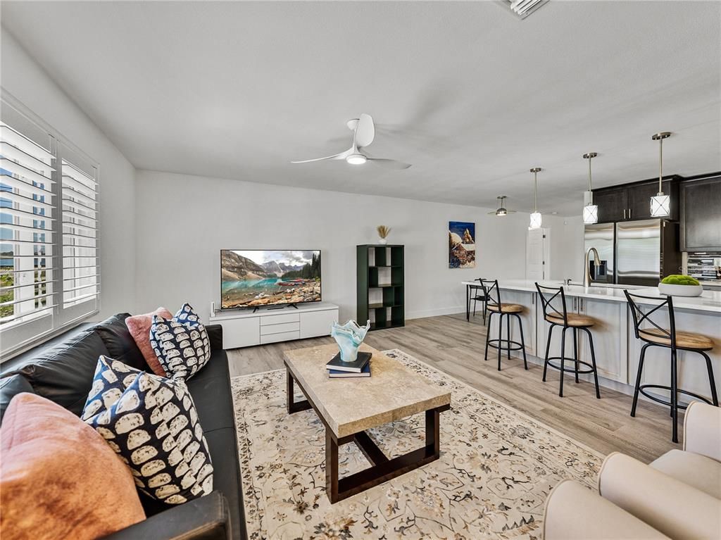 Interior, Kitchen, Living room, Pendant Lights, Stainless Steel Appliances, Wood Texture Flooring