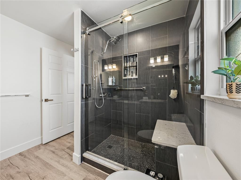 Bathroom, Glass Shower, Interior, Wood Texture Flooring