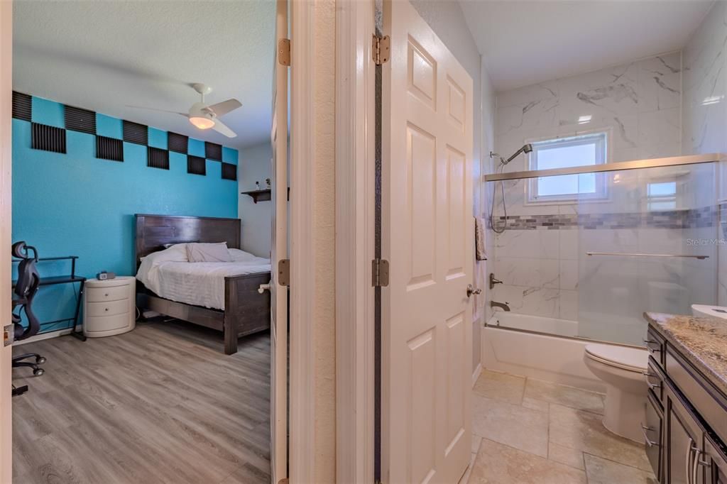 Bathroom, Bedroom, Glass Shower, Interior, Marble Walls, Wood Texture Flooring