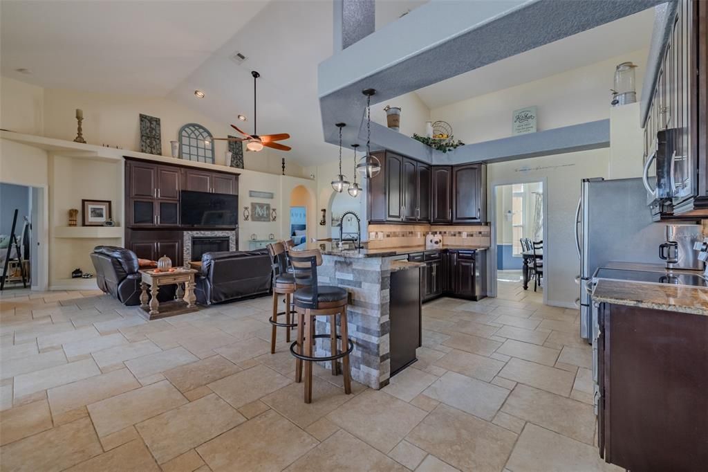 Fireplace, Interior, Kitchen, Living room, Pendant Lights, Recessed Lighting