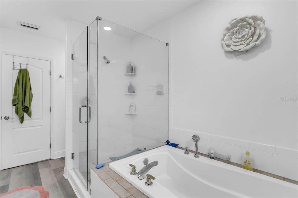 Bathroom, Glass Shower, Interior, Recessed Lighting, Wood Texture Flooring