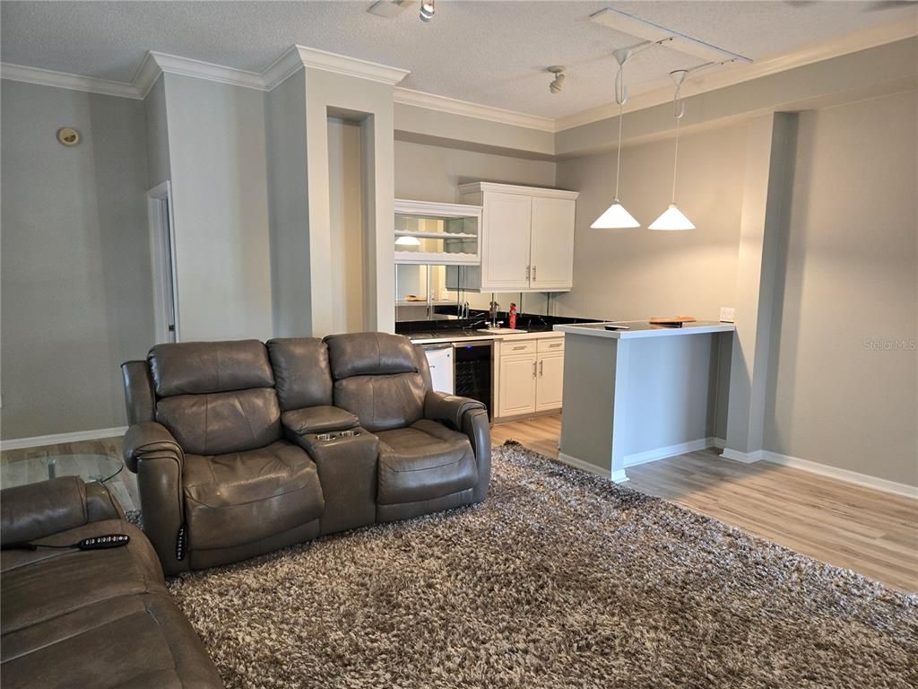 Home Theatre Room, Interior, Kitchen, Pendant Lights, Wood Texture Flooring