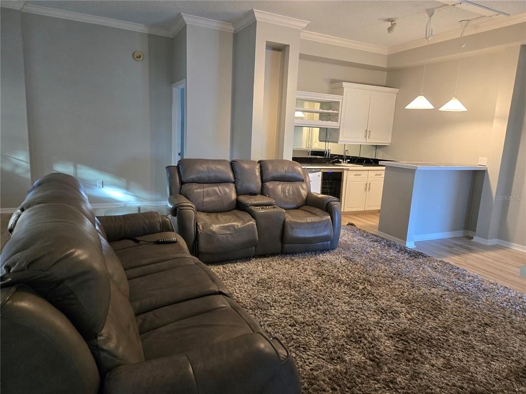 Home Theatre Room, Interior, Kitchen, Living room, Pendant Lights, Wood Texture Flooring