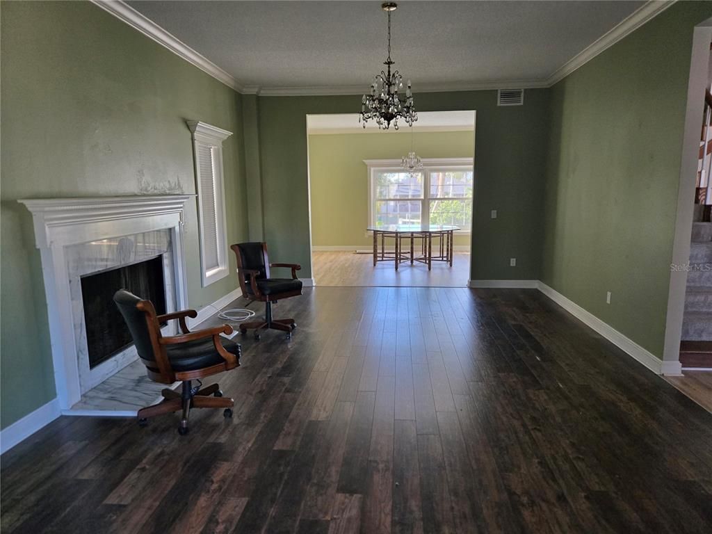 Chandelier, Fireplace, Home Office, Interior, Pendant Lights, Wood Texture Flooring
