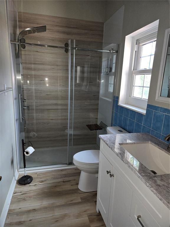 Bathroom, Glass Shower, Interior, Wood Texture Flooring