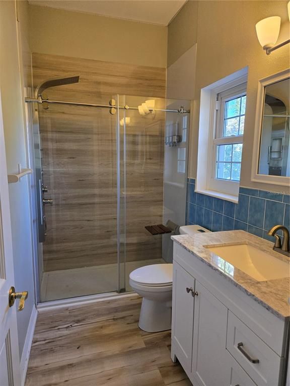 Bathroom, Glass Shower, Interior, Wood Texture Flooring