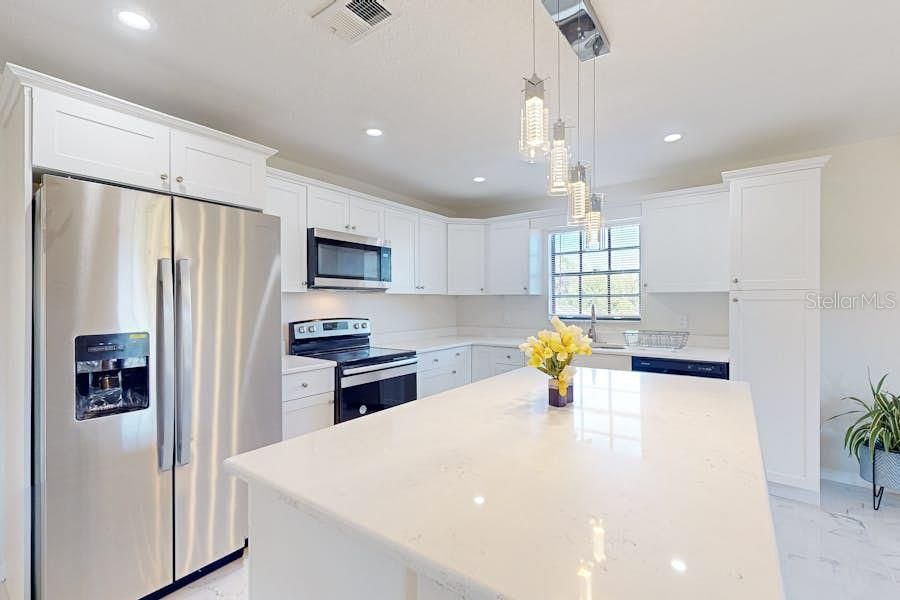 Interior, Kitchen, Marble, Pendant Lights, Recessed Lighting, Stainless Steel Appliances