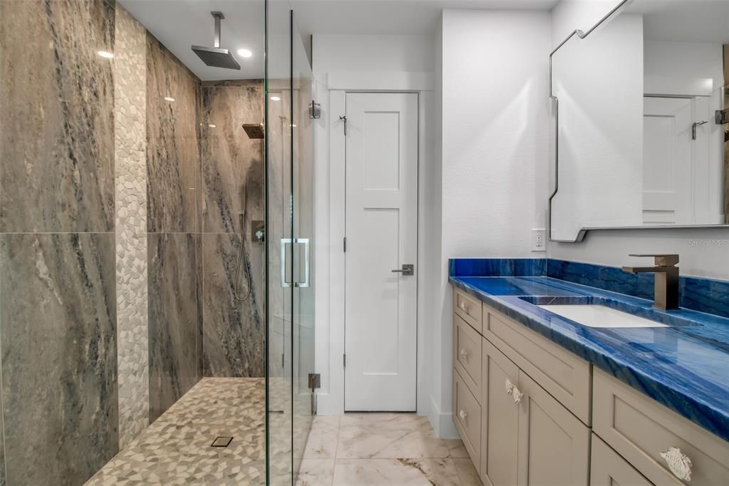 Bathroom, Glass Shower, Interior, Marble, Recessed Lighting