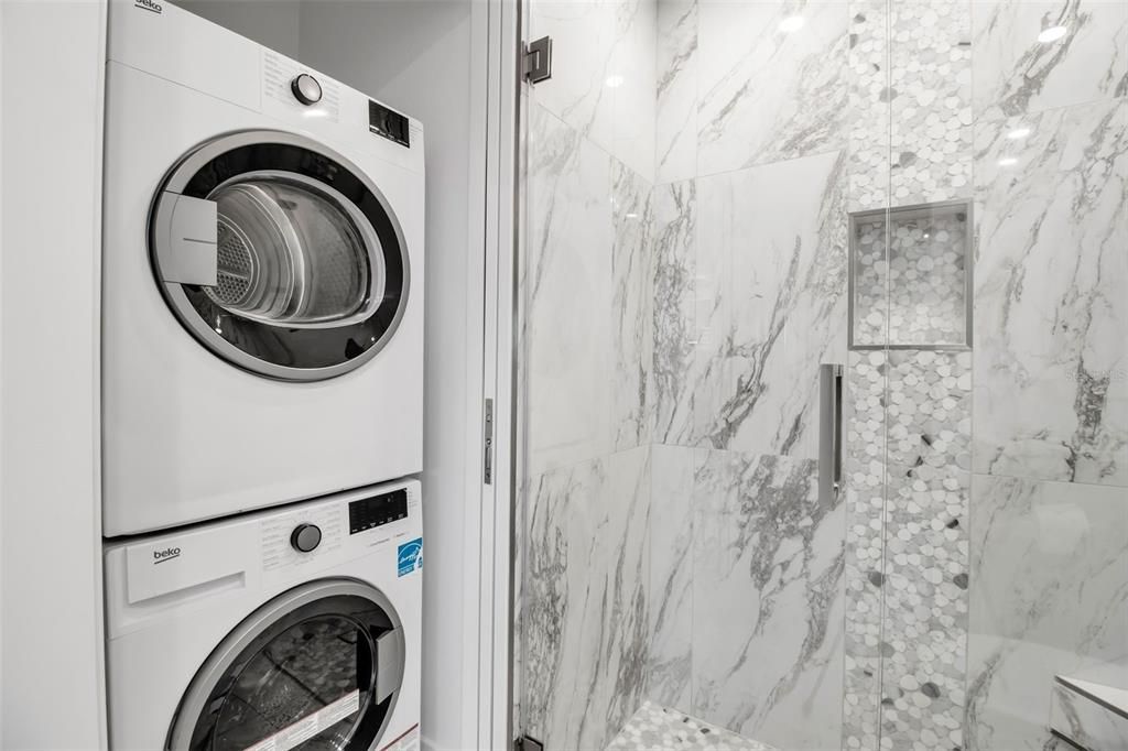 Bathroom, Glass Shower, Interior, Marble Walls, Utility Closets, Washer