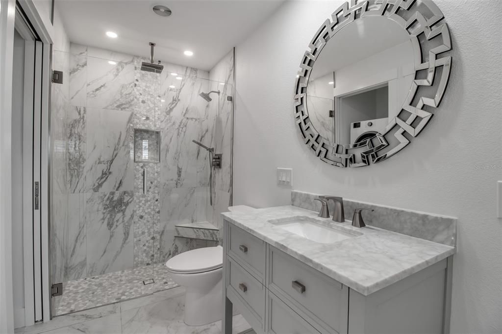 Bathroom, Glass Shower, Interior, Marble, Marble Walls, Recessed Lighting