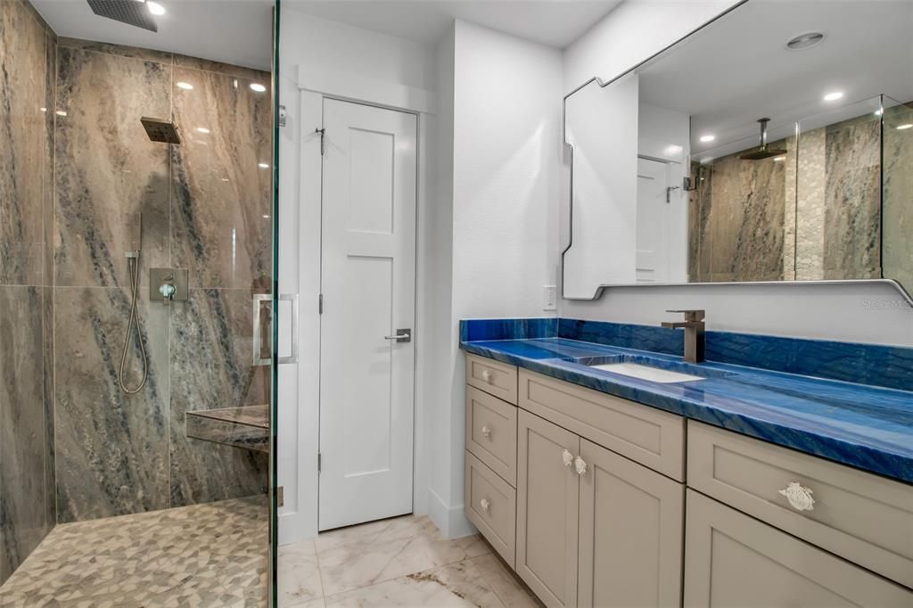 Bathroom, Dual Sink Vanities, Glass Shower, Interior, Marble, Recessed Lighting