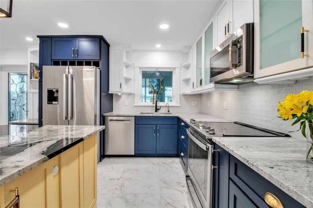 Interior, Kitchen, Marble, Recessed Lighting, Stainless Steel Appliances