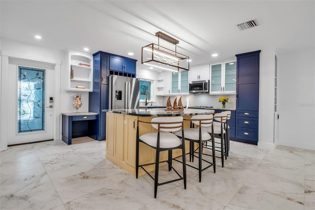 Interior, Kitchen, Marble, Pendant Lights, Recessed Lighting, Stainless Steel Appliances