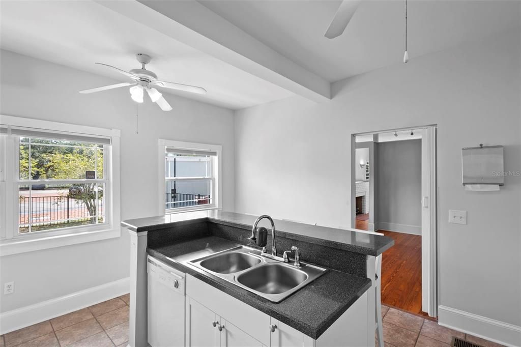 Fireplace, Interior, Kitchen, Wood Texture Flooring