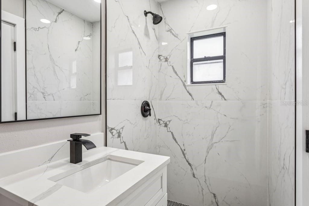 Bathroom, Interior, Marble Walls, Recessed Lighting
