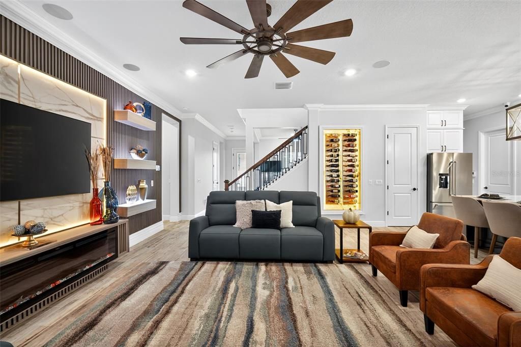 Dining room, Interior, Kitchen, Living room, Pendant Lights, Recessed Lighting, Stainless Steel Appliances, Wood Texture Flooring