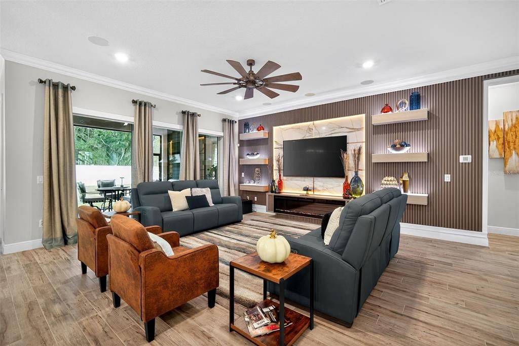 Interior, Living room, Recessed Lighting, Wood Texture Flooring