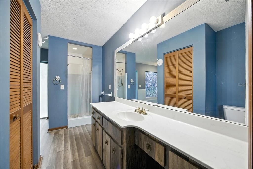 Bathroom, Interior, Recessed Lighting, Wood Texture Flooring