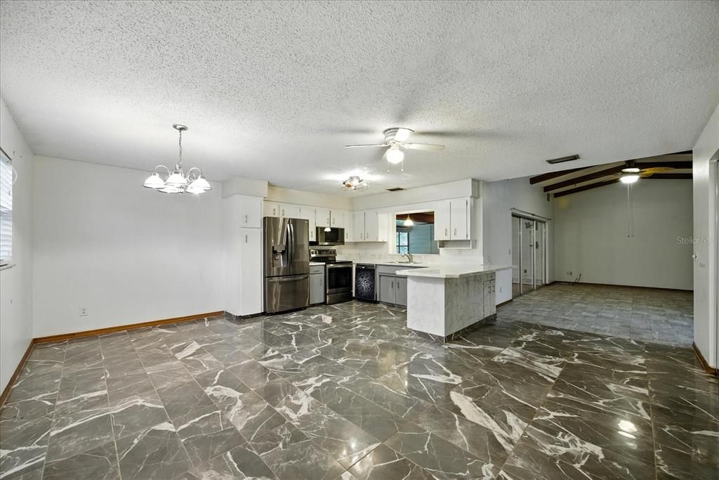 Empty room, Interior, Kitchen, Pendant Lights, Stainless Steel Appliances