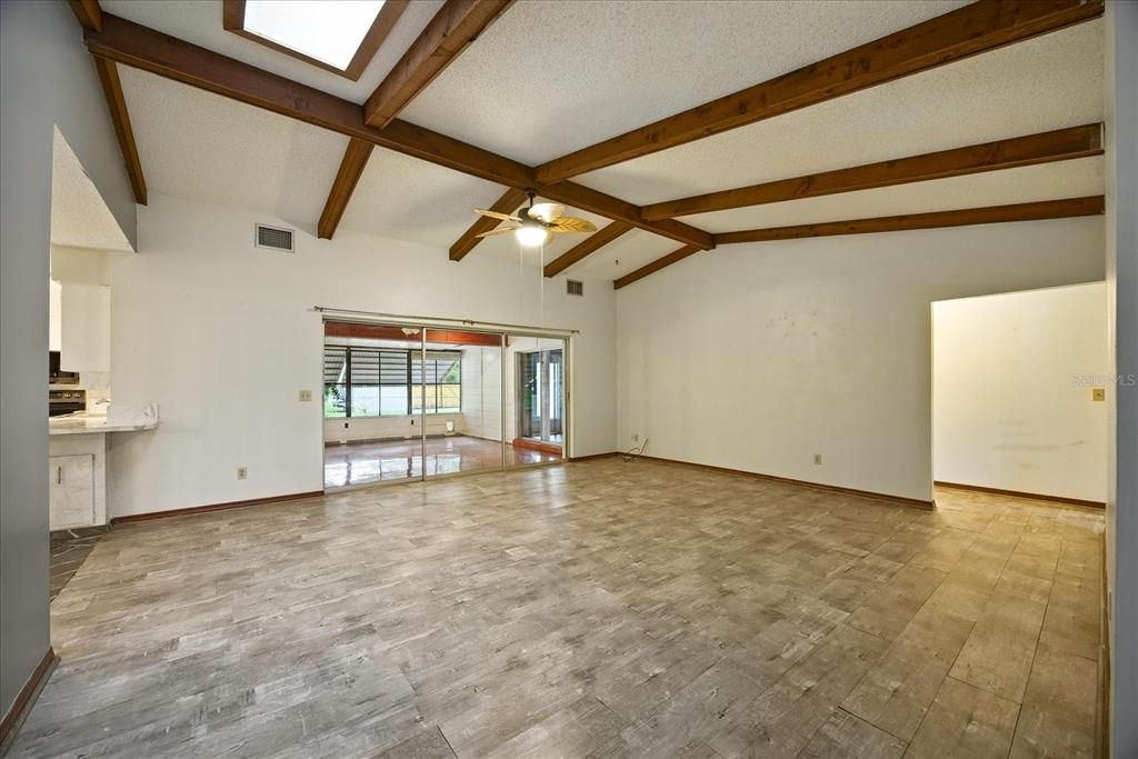 Empty room, Fireplace, Interior, Wooden Beams, Wood Texture Flooring
