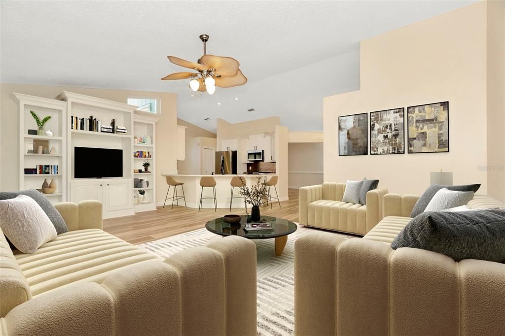 Interior, Kitchen, Living room, Recessed Lighting, Stainless Steel Appliances, Wood Texture Flooring