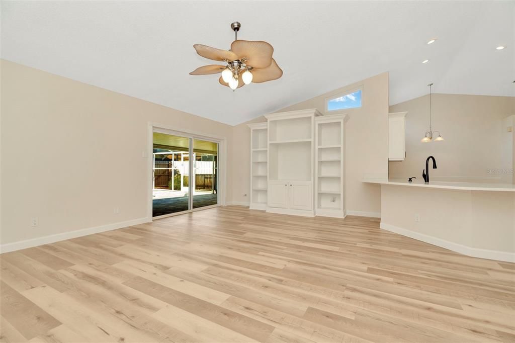 Empty room, Interior, Pendant Lights, Recessed Lighting, Wood Texture Flooring