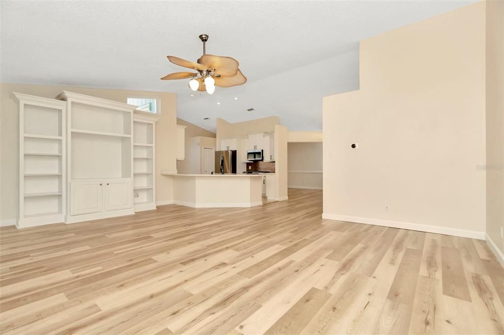 Empty room, Interior, Kitchen, Recessed Lighting, Wood Texture Flooring