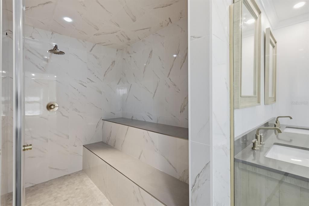 Bathroom, Interior, Marble Walls, Recessed Lighting