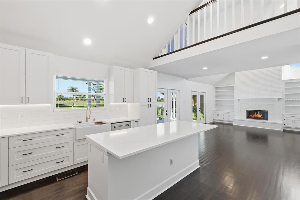Fireplace, Interior, Kitchen, Recessed Lighting, Wood Texture Flooring