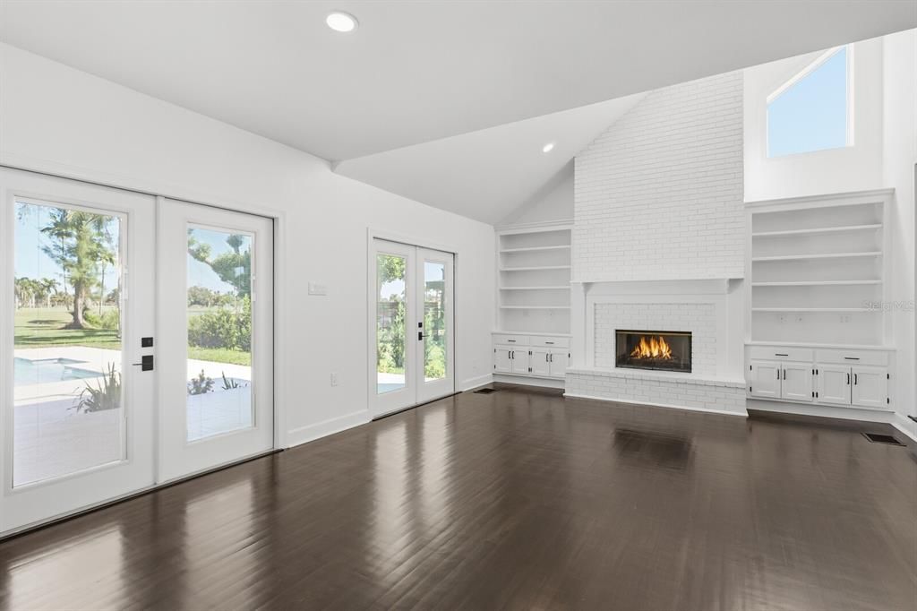 Empty room, Fireplace, Interior, Recessed Lighting, Wood Texture Flooring