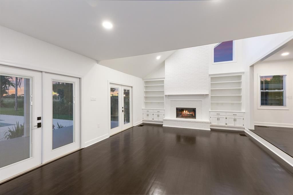 Empty room, Fireplace, Interior, Recessed Lighting, Wood Texture Flooring