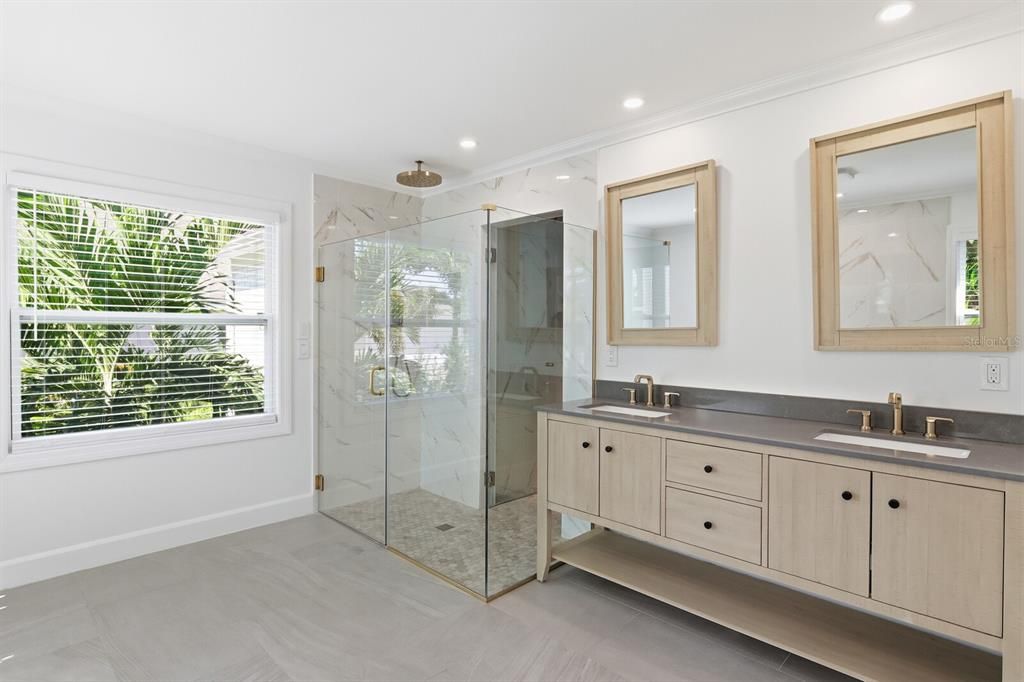 Bathroom, Dual Sink Vanities, Glass Shower, Interior, Marble Walls, Recessed Lighting