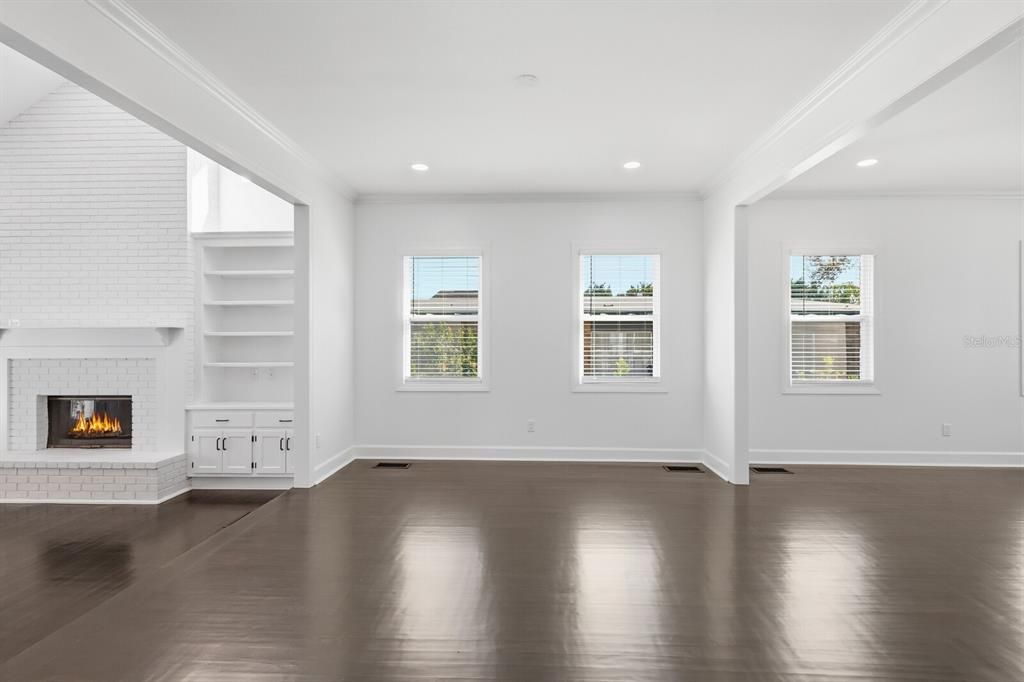 Empty room, Fireplace, Interior, Recessed Lighting, Wood Texture Flooring