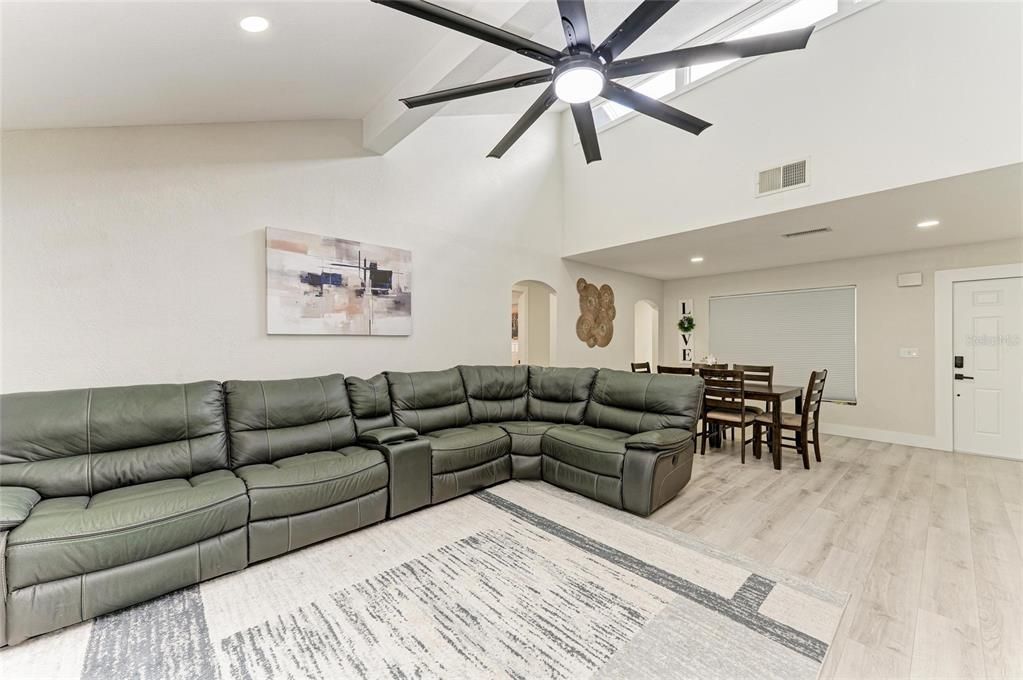 Dining room, Interior, Living room, Recessed Lighting, Wood Texture Flooring