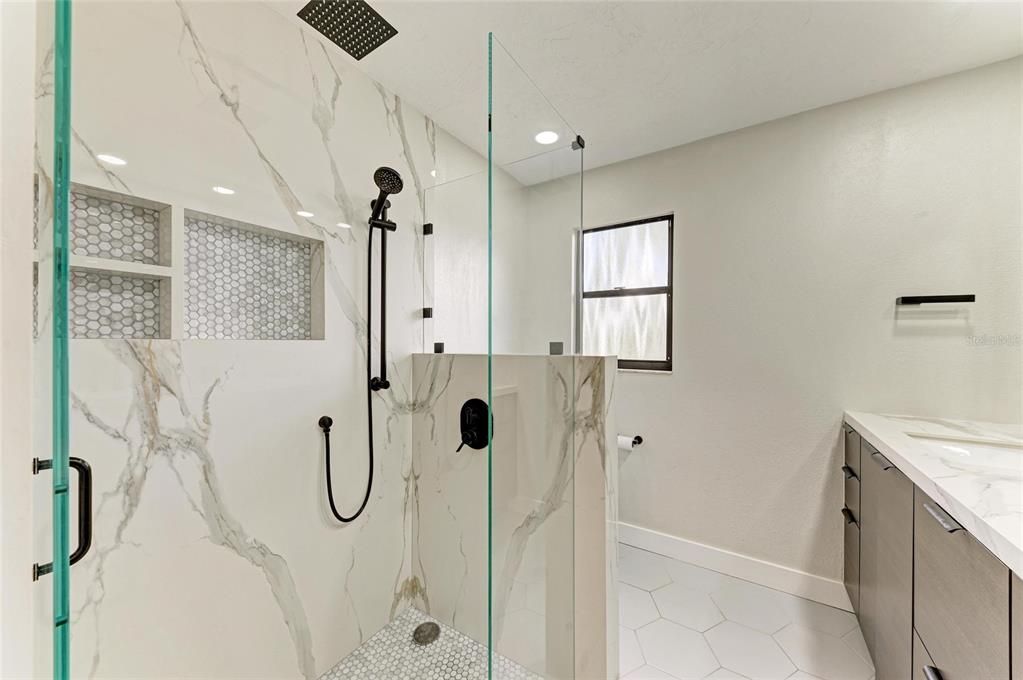 Bathroom, Glass Shower, Interior, Marble Walls, Recessed Lighting