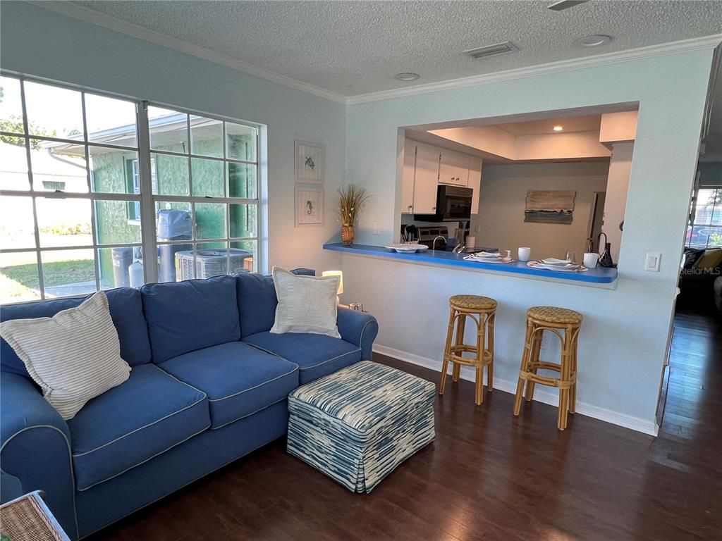Interior, Kitchen, Living room, Recessed Lighting, Stainless Steel Appliances, Wood Texture Flooring