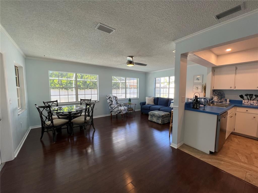 Dining room, Interior, Kitchen, Living room, Recessed Lighting, Wood Texture Flooring