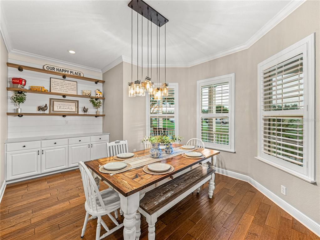 Dining room, Interior, Pendant Lights, Recessed Lighting, Wood Texture Flooring