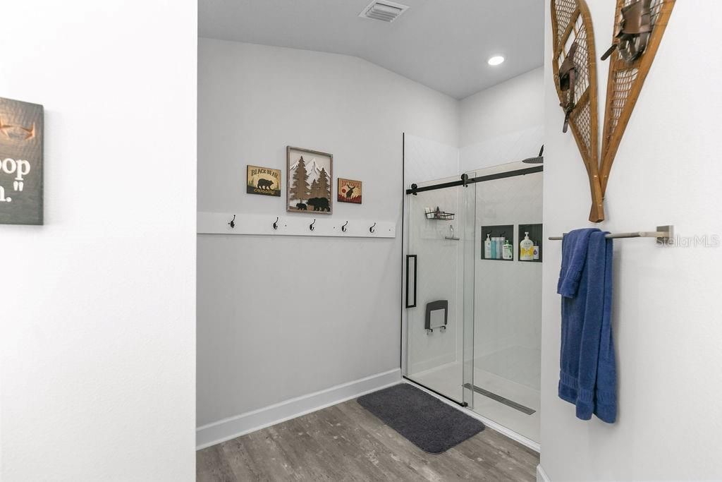 Bathroom, Glass Shower, Interior, Recessed Lighting, Wood Texture Flooring