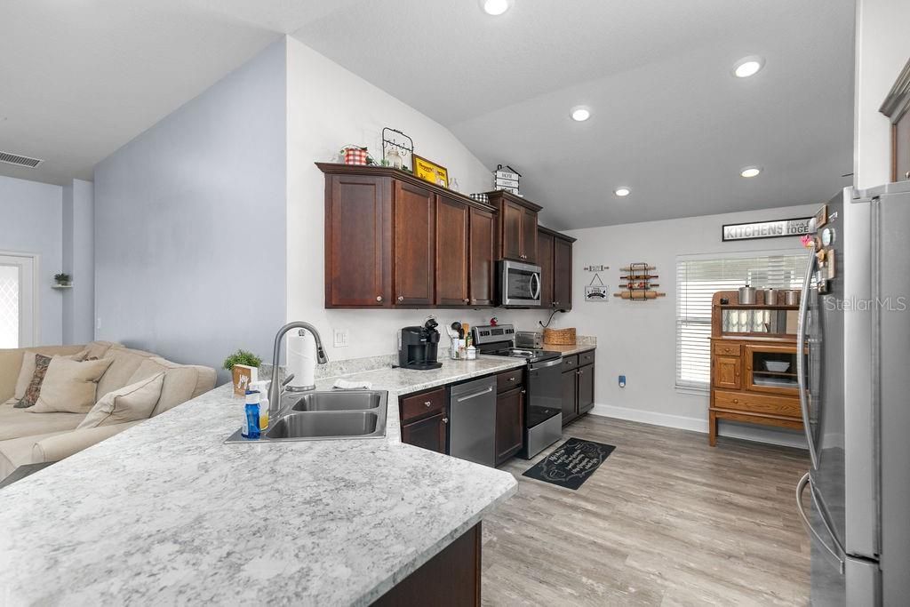 Interior, Kitchen, Recessed Lighting, Stainless Steel Appliances, Wood Texture Flooring
