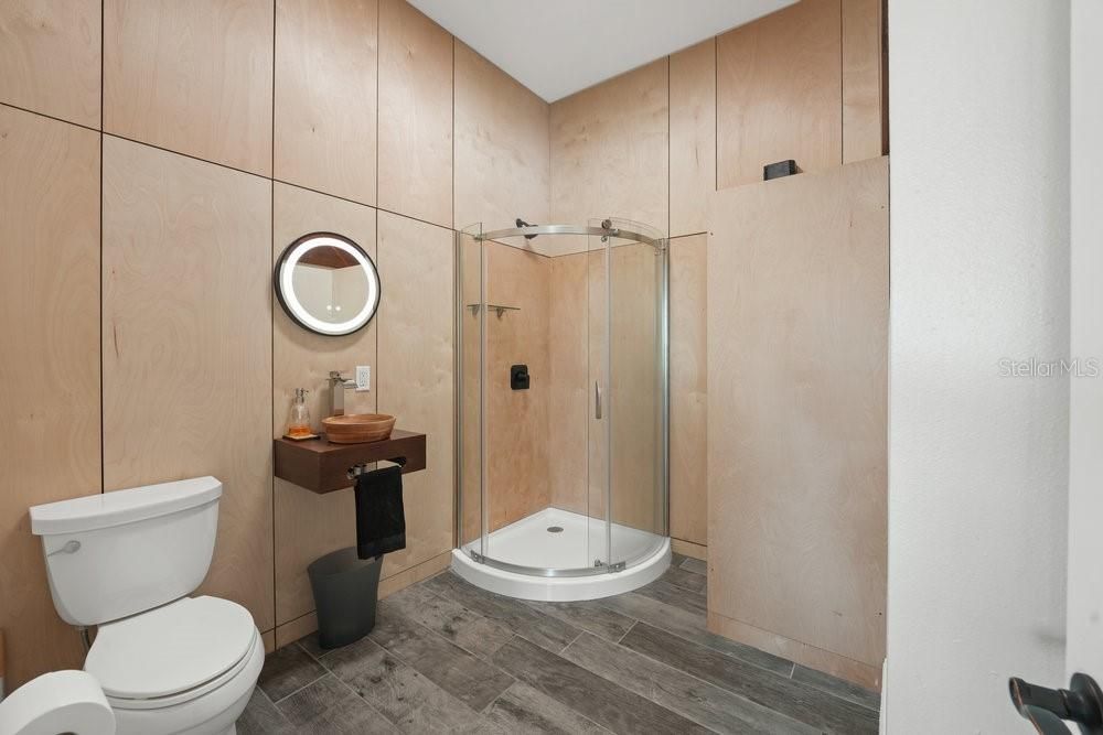Bathroom, Glass Shower, Interior, Wood Texture Flooring