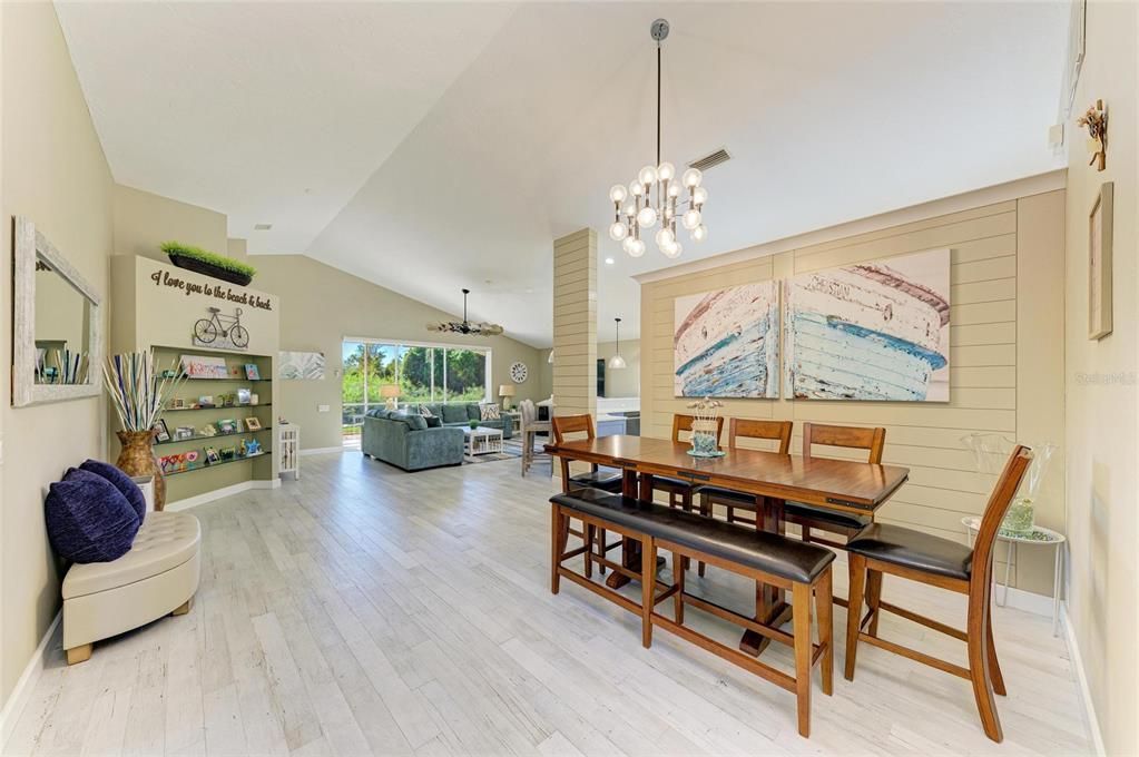Dining room, Interior, Living room, Pendant Lights, Wood Texture Flooring