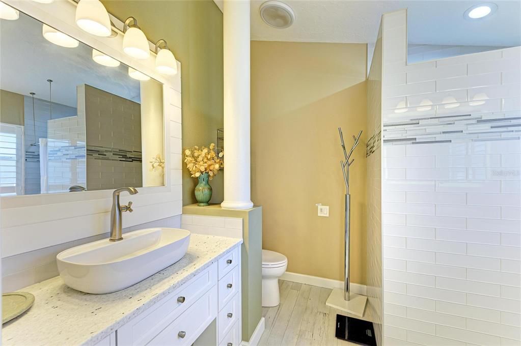 Bathroom, Interior, Recessed Lighting, Wood Texture Flooring